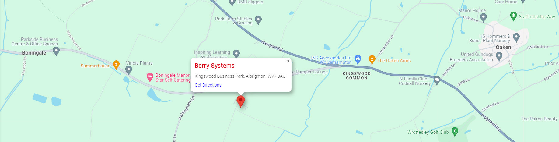 map showing where Berry Systems Ltd is located at Walnut House, Kingswood Business Park, Albrighton. WV7 3AU 